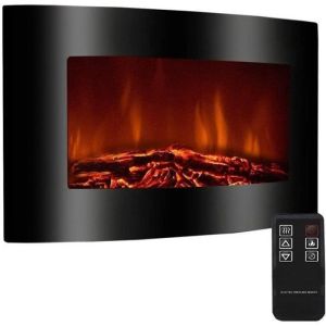 Lareira mural preta curva 2000w, chama LED realista, termostato, comando