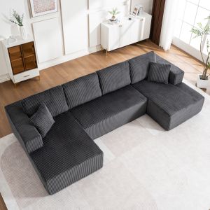 Sofá em u modular em tecido canelado cinzento com almofadas