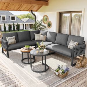 Conjunto de sofá de jardim modular cinzento com mesas ajustáveis