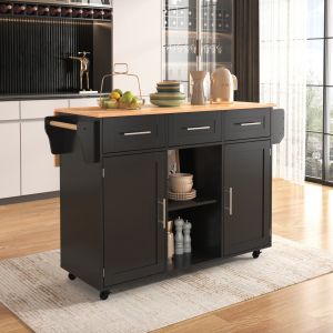 Ilha de cozinha com 3 gavetas e rodas preto natural 92x139x46cm