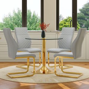 Conjunto mesa e 4 cadeiras redonda vidro temperado dourado cinzento claro