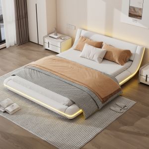 Cama de chão 140x200cm com LED pu – branco