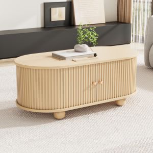 Mesa de centro oval com arrumação madeira 40x100x50cm