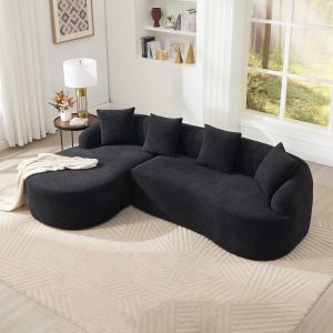 Sofá de canto curvo com chaise longue esquerda em chenille preto 3 lugares