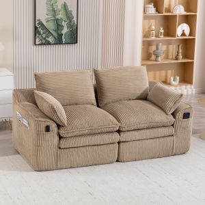 Sofá modular 2 lugares almofadas bolsos laterais veludo cotelê cáqui