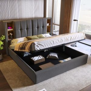 Cama 160x200 em aLGodão com carga sem fios, usb-c, baú cinzento