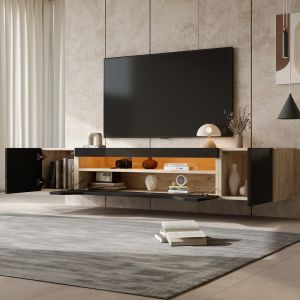 Móvel de tv suspenso com 3 portas preto e madeira 36x180x37cm