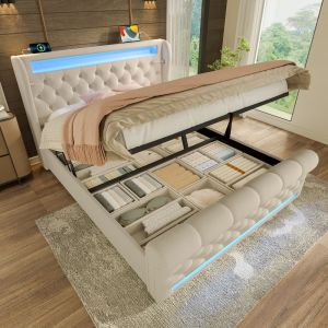 Cama estofada 140x200cm com LED e arrumação veludo com colchão – bege