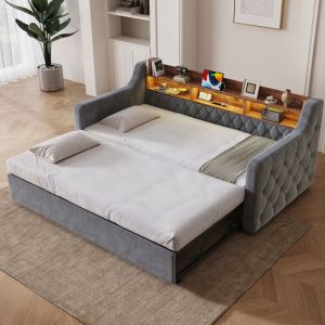 Sofá cama 90x190cm com arrumação LED usb tipo c veludo – cinzento escuro