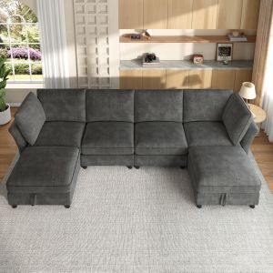 Sofá modular em u ou l chenille cinzento 6 lugares com 2 pufes arrumação