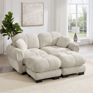 Sofá modular 2 lugares em chenille caqui claro com otomana móvel