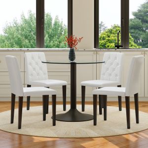 Conjunto mesa redonda vidro e 4 cadeiras pu brancas preto/transparente