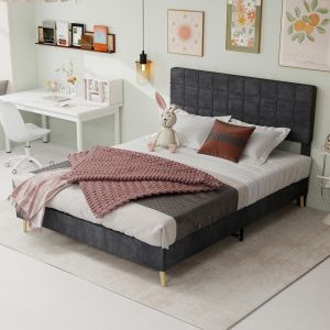Cama casal 160x200cm, cabeceira quadriculada, madeira cinzento escuro