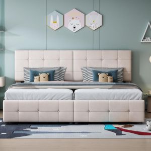 Cama elevável com arrumação 180x200cm estofada veludo bege
