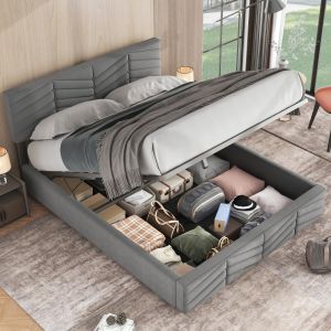 Cama de veludo 140x190cm com arrumação cabeceira ajustável – cinzento
