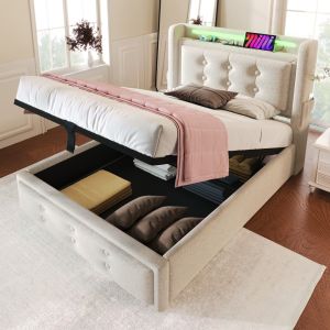 Cama estofada 90x200cm com arrumação LED e usb aLGodão bege com colchão