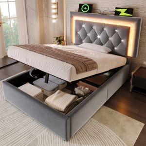 Cama estofada 90x200cm com colchão e arrumação veludo – cinzento