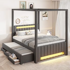 Cama estofada 140x200cm com cama auxiliar e arrumação linho – cinzento