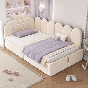 Cama de dia em veludo 90x190cm l reversível, baú hidráulico bege