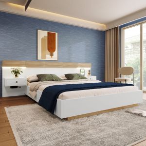 Cama de casal, madeira, 160 x 200 cm, carvalho/branco, sem colchão