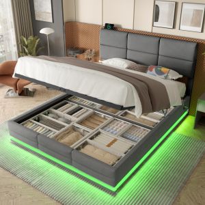 Cama estofada 140x200cm com usb LED e arrumação veludo – cinzento escuro
