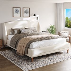 Cama estofada 140x190cm com cabeceira asas tecido bouclé – branco