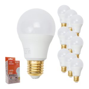 Pacote com 10 lâmpadas LED E27 A60 9W, Luz Quente 3000K Não Piscante 900lm