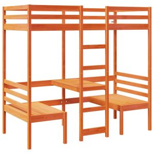 vidaXL cama alta escritorio y estantes madera maciza marrón 90x200 cm
