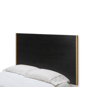 Cabeceira 160x3x90 em madeira preta com detalhes em metal dourado.
