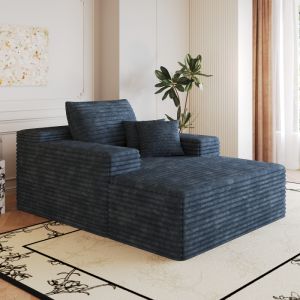 Sofá chaise longue tecido azul com assento profundo e confortável