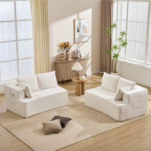 Sofá modular curvo 2 lugares em veludo branco conforto profundo
