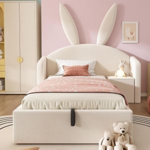 Cama infantil veludo com orelhas de coelho e baú 90x190cm bege