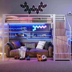 Cama alta metálica 140x200cm, roupeiro, escada, LED 7 cores, branca