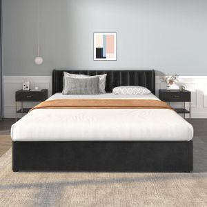 Cama 180x200cm veludo com 2 gavetas e cabeceira alta