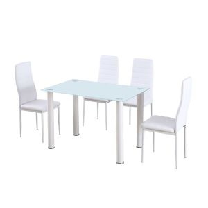 Conjunto mesa em vidro temperado + 4 cadeiras em couro sintético. Sala de