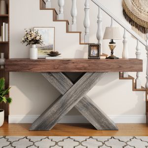 Mesa consola estreita em nogueira com estrutura x 80x140x30cm