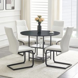 Conjunto mesa redonda e 4 cadeiras de jantar branco e preto com arrumação
