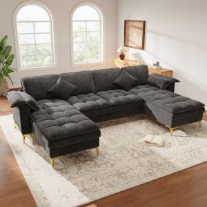 Sofá em u modular chenille cinzento 4-5 lugares com 2 chaise longues