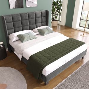 Cama estofada 140x200cm com cabeceira alta e estrado linho cinzento