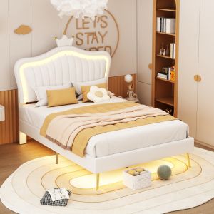 Cama infantil estofada 90x200cm com luz LED e coroa veludo – branco