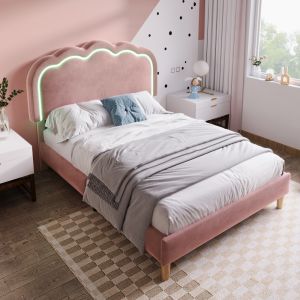 Cama estofada 90x200cm com LED e cabeceira ajustável veludo – rosa