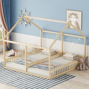 Cama casinha 90x200cm com grade central pinho e mdf – natural