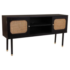 Aparador de madeira e malha de bambu com duas portas preto 152,5x38x81