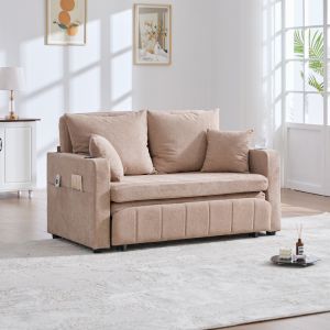 Sofá cama dobrável em chenille caqui 2 lugares com almofadas