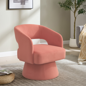 Poltrona giratória em chenille rosa com base rotativa e encosto aberto