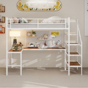 Cama alta 90x190cm com secretária em l, arrumação, prateleiras, branca