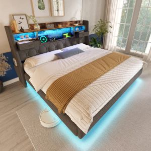 Cama de casal 140x200cm com LED e arrumação linho – cinzento
