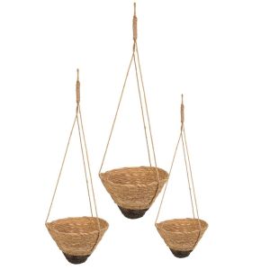 Conjunto de 3 cestos suspensos em fibra natural castanha