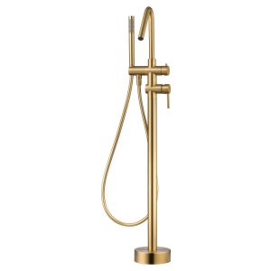 Misturador de banheira e chuveiro dourado em aço e latão com comando a piso