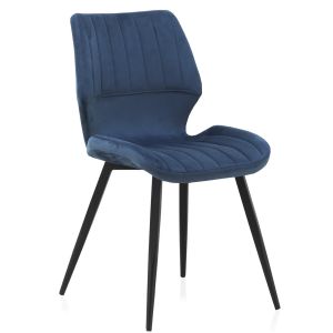 Conjunto de 2 cadeiras estofadas em veludo azul, com pés de met, 55x46x84cm